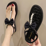 String Bead Soft Sole Sandals Women 2022 Summer Bowknot Clip Toe Flat Sandals Woman Comfy Non Slip T-Strap Rome