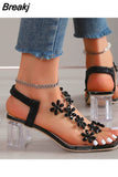 Women Sandals 2023 Summer Crystal Flower Decoration Chunky Heel Peep Toe Back Strap Elastic Band Elegant Fashion Women's