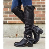 Women Winter Leather Punk style knee boots Vintage stud zip Women's boots with belt buckle Plus Size