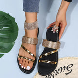 Flat Slip-On Sandals Bling Rhinestone Narrow Band Slippers Beach Shoes Casual Slides Summer 2023 New Women Gold