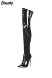 Women Over Knee High Boots Woman Patent Leather Stretch High Heel Boots Sexy Ladies Pointed Toe Thin Heel Botas