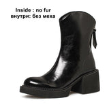 Women Genuine Leather Ankle Western Boots Round Toe Platform Block High Heel Lady Zipper Short Boot Autumn Winter