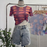 Single-Layer Thin Mesh Tie-Dye-Repair Short-Sleeved T-Shirt For Girls Summer Short-Sleeved Hottie Top
