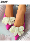 2023 New Fashionable Woman Mules Shoes Pearl Slip-on Low Heels Pointed Toe Ladies Pumps Butterfly-knot Woman