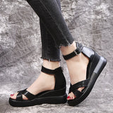 2023 Women Wedges Pu Leather Sandals Buckle Strap Korean Style Solid Platform Side Open Casual Ladies Slingbacks