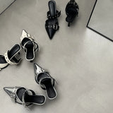 Women's Mules Sandals Slippers High Heels Pointed Toe Elegant Fashion Designer Trend 2024 Party Silver black beige