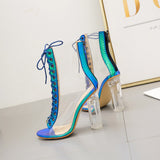 Clear Chunky Heels Women Ankle Boots Summer Sandals Sexy PVC Transparent Gladiator Sandals Cross Strappy Peep Toe