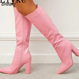 Spring Autumn Motorcycle Women Pointed Toe Zip Knee High Boots Fashion Pink Snake Print Square Heels Party Long Shoes