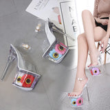 Women Slippers Summer Sun Flower Sexy Crystal Slippers Thin Heels 17cm Transparent Sandals Cool Size 34-43 Wedding