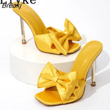 Fashion Yellow Green Silk Butterfly-Knot Women Slippers Mule High Heels Gladiator Sandals Flip Flop Square Toe Party