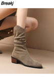 Shoes Women's 2023 Fashion Women's Boots Side Zipper Mid and Small Leg Boots Pointed Pleated Thick Heels Square