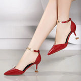 De Mujer Women Fashion Sweet Pointed Toe Buckles Strap Stiletto Heels Lady Cool Red Party Heel Shoes White