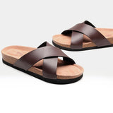 2023 Fashion Men Beach Cross Cork Slippers Summer Unisex Solid Color Non-slip Outside PU Leather Slide