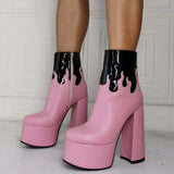 INS Hot Sale Zipper Mixed Color High Heel Round Toe Platform Ankle Boots Thick Bottom Trendy Wimter women's