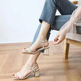 Women Sandals Female Square High Heels Pu Open Toe Lady New Summer Shoes Solid Soft Comfort Buckle