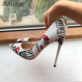 Graphic Print Women White Pointy Toe High Heel Dress Shoes Sexy Ladies Slip On Designer Stiletto Pumps Big Size 43 44