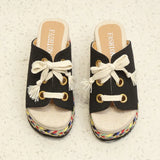 Breakj Summer New Slope Hedley Woven Slippers Women's Large-Size Grass Tie With High-Heeled