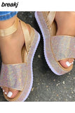 Fashion Rhinestones Wedge Sandals Women Summer 2023 High Heels Platform Shoes Woman Thick Sole Black White Chunky