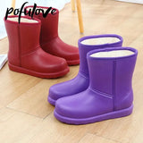 Boots Women Waterproof Work Shoes for Girls Mid-calf Water Shoes Winter Plush Warm Rain Boots with Fur EVA Anti Slip