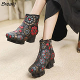 High Heel Boots Women Shoes Genuine Leather Chinese Style Printing Retro 2023 New Winter Zip Handmade Platform