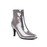 Ankle Heels Boots Women Mirror Gold Silver Shoes 2023 Autumn Snakeskin Leather Pointed Toe Stable High Heels