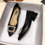 Fashion Pointed Toe Square Low Heel High Heels Elegant Pearl Rhinestone Buckle Soft Leather Party Dress Shoes Female