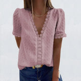 V-Neck Lace Shirt Blouse Spring Summer Short Sleeve Ladies Shirt Casual Women Solid Pullover Tops Blusa Streetwear