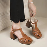 Hollow Out Roman High-Heeled Women Summer Season New Fashion Square Head Back Empty Thick With One Word Buckle Sandal