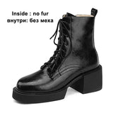 Women Genuine Leather Ankle Boots Round Toe Platform Thick High Heel Lady Zipper Lace-up Short Boot Winter Autumn