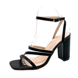 Summer Ladies Sandals 2023 New White High Heel Sandals Square Toe Ankle Strap Elegant Dress Women Chunky Heel