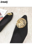 Metal Buckle Mink Fur Ballet Flats Women Pointed Toe Warm Plush Loafers Female Outdoor Winter Mules Shoes Big size