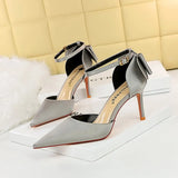 Breakj Korean Version Of Sweet Women's Shoes Fine Heel High Heel Shallow Mouth Pointed Silk Hollow Bow After A Word With