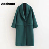 Elegant Green Long Woolen Coat Women Vintage Single Breasted Warm Overcoat Winter Long Sleeve Pockets Chic