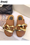 Women's Sandals Slippers 2023 Fashion Loafers INS Style Mules Shoes Summer Beautiful Gold Chain Flat Slippers（Size