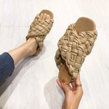 Women Summer Slides Female Shoes Rubber Flip Flops Cross-Tied Big Size 2023 Hawaiian Flat Rome Basic PU Fabric Flat