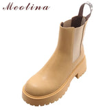 Women Genuine Leather Ankle Boots Round Toe Platform Chunky High Heel Zipper Short Boot Ladies Shoes Autumn Winter