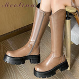 Women Genuine Leather Knee High Boots Round Toe Platform Thick High Heel Zipper Long Boot Ladies Shoes Autumn Winter