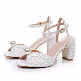 Breakj Cm Thick Heel Sandals Square Thick Heel Sandals White Wedding Dress Sandals Pearl Wedding Shoes