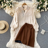 Women 2 Piece Set Elegant Turn down Collar Long Sleeve Buttons Short Shirt Dress and High Waist A-line Mini Skirt