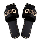Summer Women Slipper Flat Fashion Female Shoes Square Toe Flat Round Buckle Decoration Solid Flats Sandals Beach