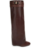 Lock Folded Woman Wedge Boots Black Leather Belt Height Increasing Knee High Boots Pointed Toe Winter Long Boots