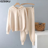 2 Pieces Set Women Knitted Tracksuit hooded Sweater + Harem Pants Pullover 2021 Sweater Set CHIC Knitted hooded