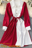 New Spring Summer Striped Print Patchwork Long Sleeve Shirt Dress Women Casual Buttons Lace-up Sash A-line OL Work