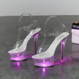 Breakj 34-43 Sexy Super High Heels Luminous Thin Heel Waterproof Platform Sandals Transparent Model Crystal Shoes Wedding