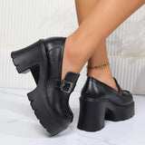 New Women's High Heels Loafers Punk Pu Leather Chunky Platform Pumps Women Slip On Black Jk Uniform Shoes Woman Mary