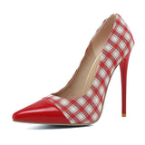 New Spring Autumn Women Plaid Pumps 34~47 Size Patent Leather Patchwork Cloth Shoes Dress Party Elegant Female