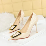 Breakj Korean Version Of Fashion And Slender Thin Heel Shallow Pointed Metal Buckle Single Shoes Women's High