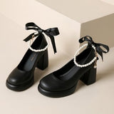Breakj Jane Shoes In The Spring Of 2024 New Bow Pearl With High Heels Fairy Wind Coarse Single