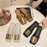 Designer Women Slippers Fashion Metal Buckle Mules Flat Heels Square Toe Shallow Shoes Outdoor Slide Female Casual