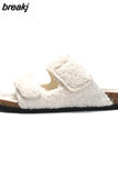 New Winter Plush Inside Women Slipper Casual Fashion Home Buckle Artificial Fur Slip on Soft Slides